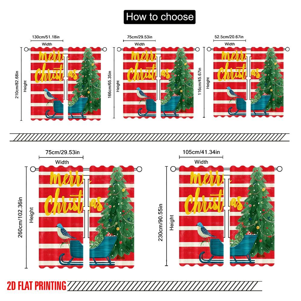 2pcs,2D plane printing Curtain Popular Xmas Tree_ Red & White Stripes_ Golden Dots & Birds Versatile Polyester Fabric (without