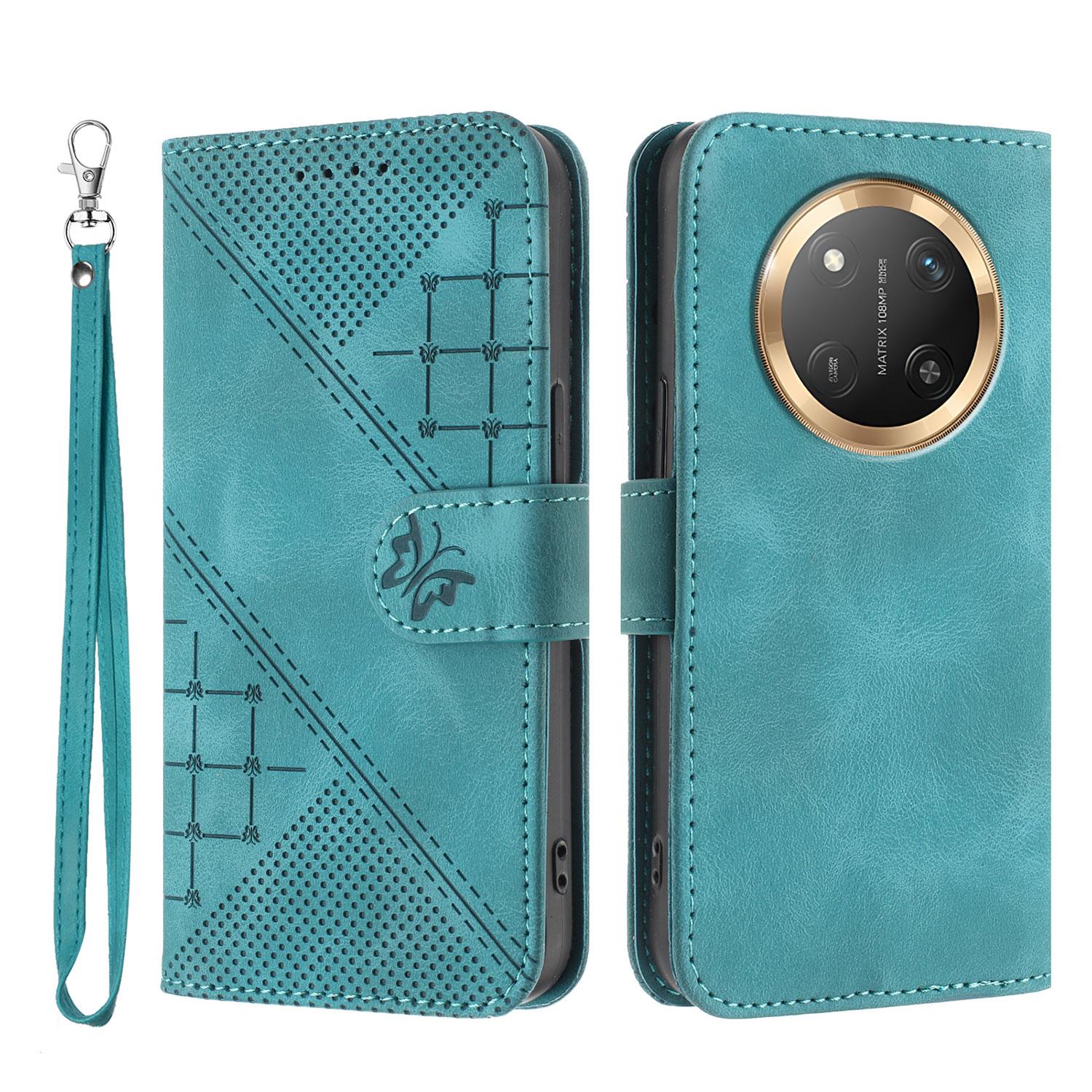 

For Honor X60 Pro 5G/Honor Magic7 Lite 5G/Honor X9c 5G Leather Wallet Case Butterfly Flower Imprinted Phone Cover with Strap Light Blue