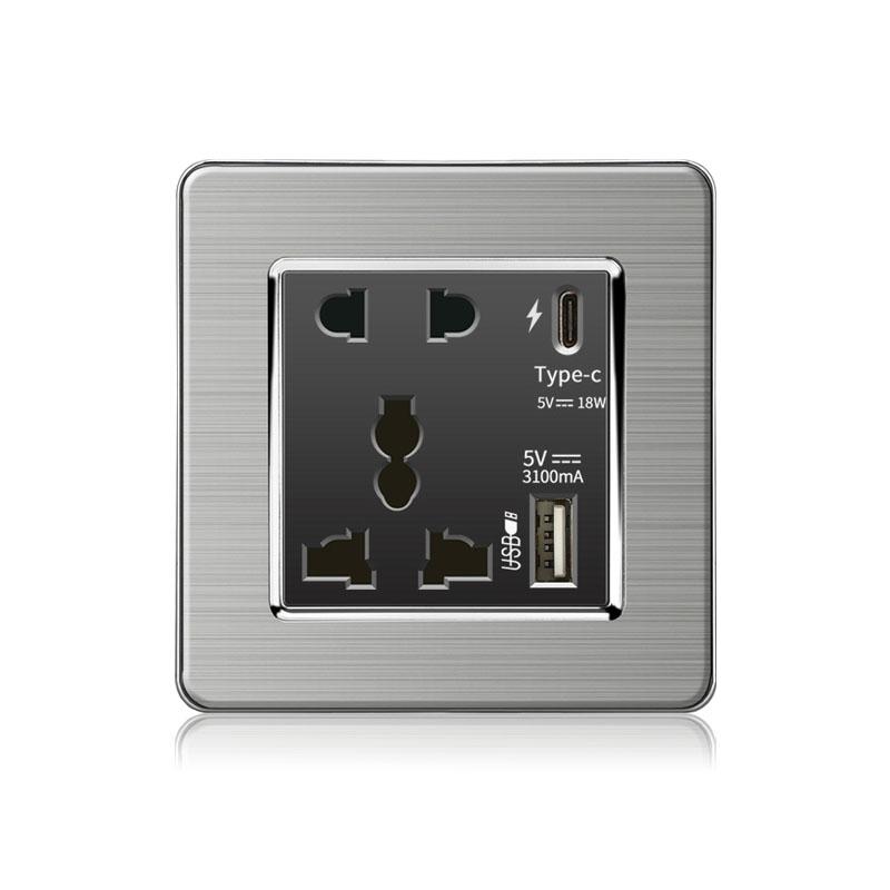 18W Type-C Fast Charging Universal 5-pin Dual Power Socket,Stainless Steel  Electrical Outlet with DC 5V 3.1A Type-c USB Charger
