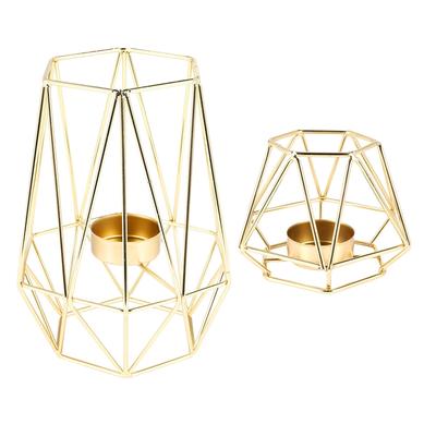 Set Of 2 Gold Geometric Metal Tealight Candle Holders For Living Room & Bathroom Decorations - Centerpieces For Wedding & Dining