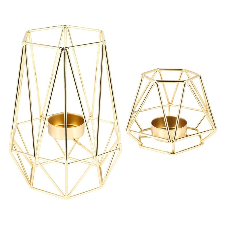 

Set Of 2 Gold Geometric Metal Tealight Candle Holders For Living Room & Bathroom Decorations - Centerpieces For Wedding & Dining золотой