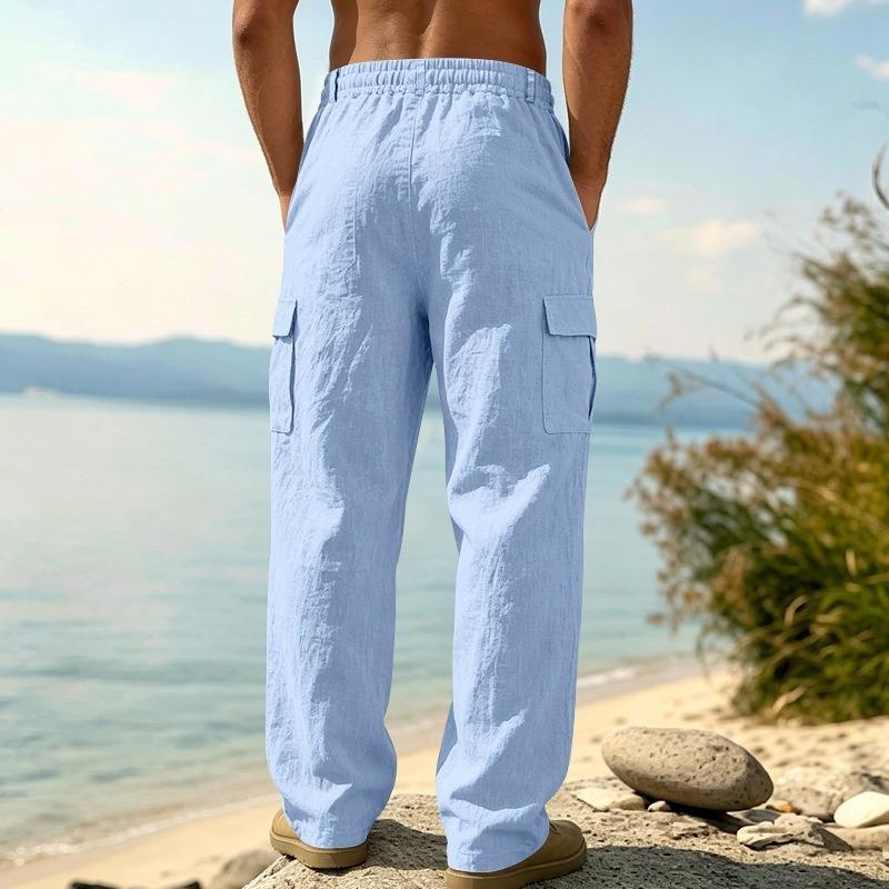 S Men Casual Loose Fit Wide Leg Cargo Pocket Breathable Linen Chinos Solid Color Long Pants Casual Pants
