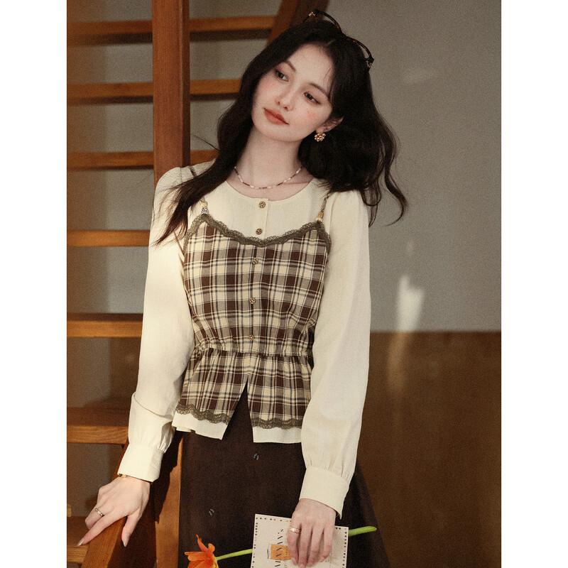 Luxiangnan Women's Faux-Layer Plaid Shirt