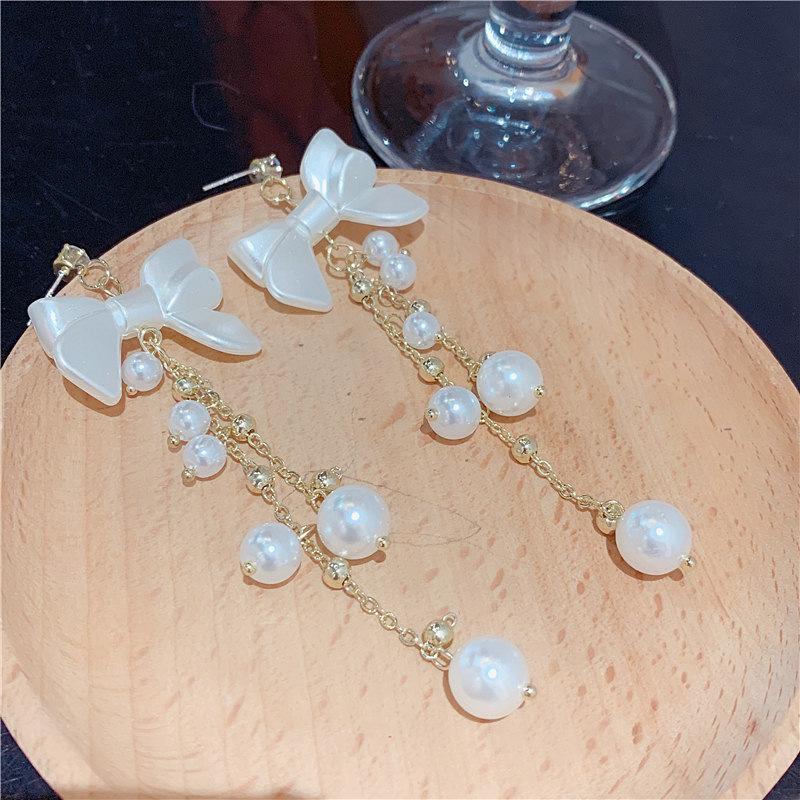 Korean Simple Imitation Pearl White Bowknot Long Tassel Earring for Women Personality Geometry Ear Jewelry Korean Fashion