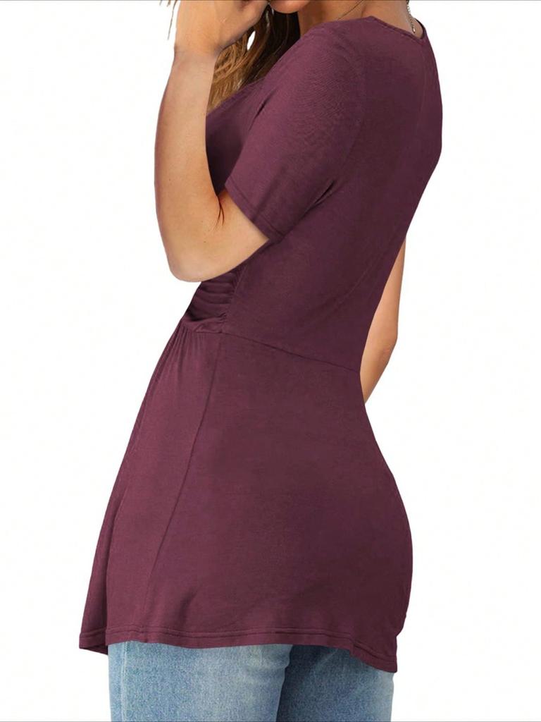 Women's V Neck Knot Front Blouse Short Sleeve Oversized Solid Summer Tunic T-Shirt