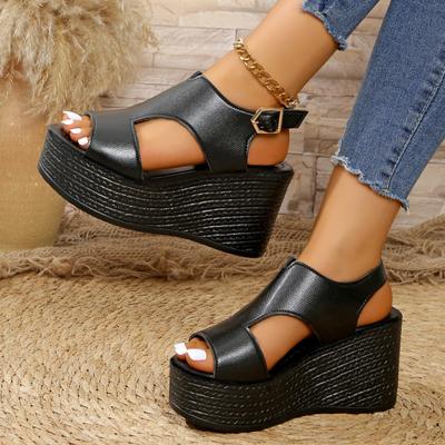 French Sandals Female Fish Mouth Wedge Heel One-button Roman Shoes Size 43 2025 New Fairy Style Muffin Shoes 9cm