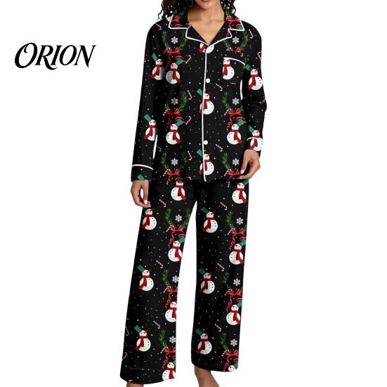 Breathable Pajamas 2Pcs/Set Women Christmas Pajama Set, Long Sleeve Button Down Shirt Soft Loungewear Gift Wide Leg Pants Cute Xmas Print Sleepwear
