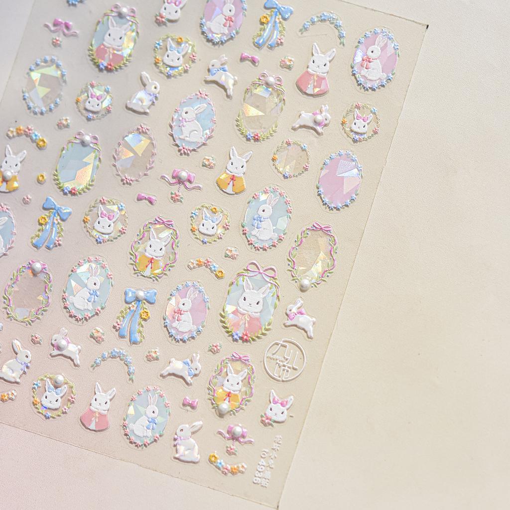 Bows Rabbits Nail Art Stickers 5D Softs Embossed Nail Decorations Stickers Sweet Cartoon Self Adhesive Nail Art Accessory Decal