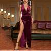 New Sprinkler Silver Velvet Dress, European and American Sexy High Slit Deep V Pleated Dress Dress Dress