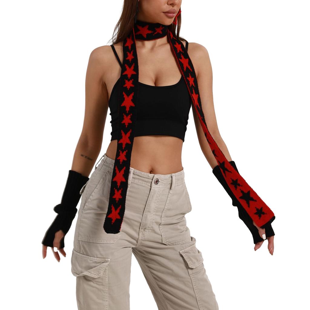 Harajuku Style Star Pattern Neck Scarf for Women Soft Neck Warmer Gothic Knit Long Scarf Winter Autumn Casual Neckwear