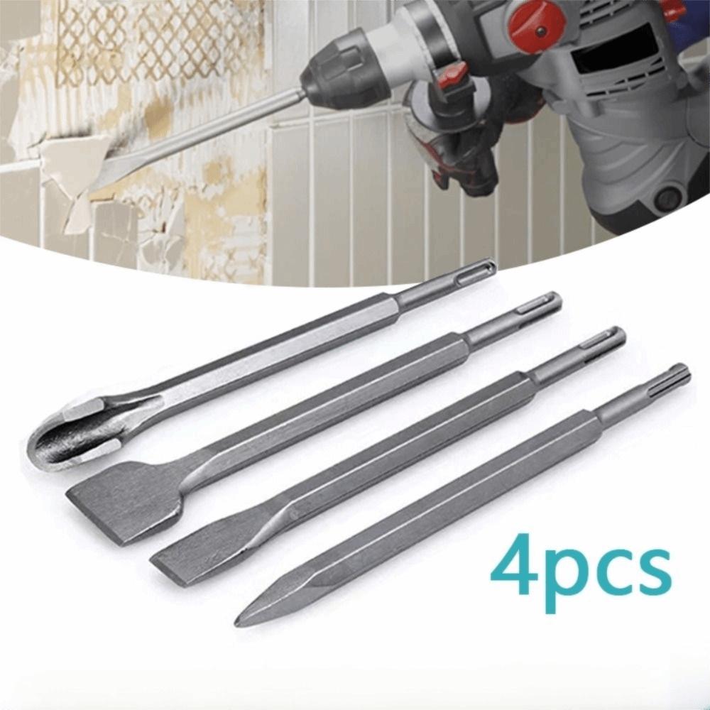4Pcs Pointed /Flat Bit Hammer Drill Bit Round Shank Rotary Hammer Gouge Set  Tile Slotting