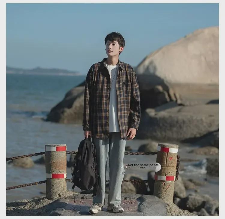 Men's 2023 Retro Japanese Plaid Loose Long Sleeve Shirt for Spring and Autumn