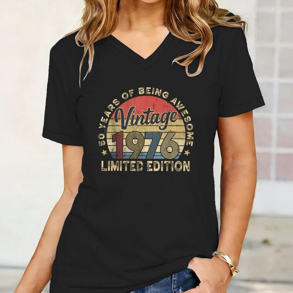Vintage 1976 50. Geburtstag Print V-Ausschnitt T-Shirt Damen Retro Lässiges Tee für Geburtstagsgeschenk & Tägliches Tragen 1976 Limitierte Edition Tees