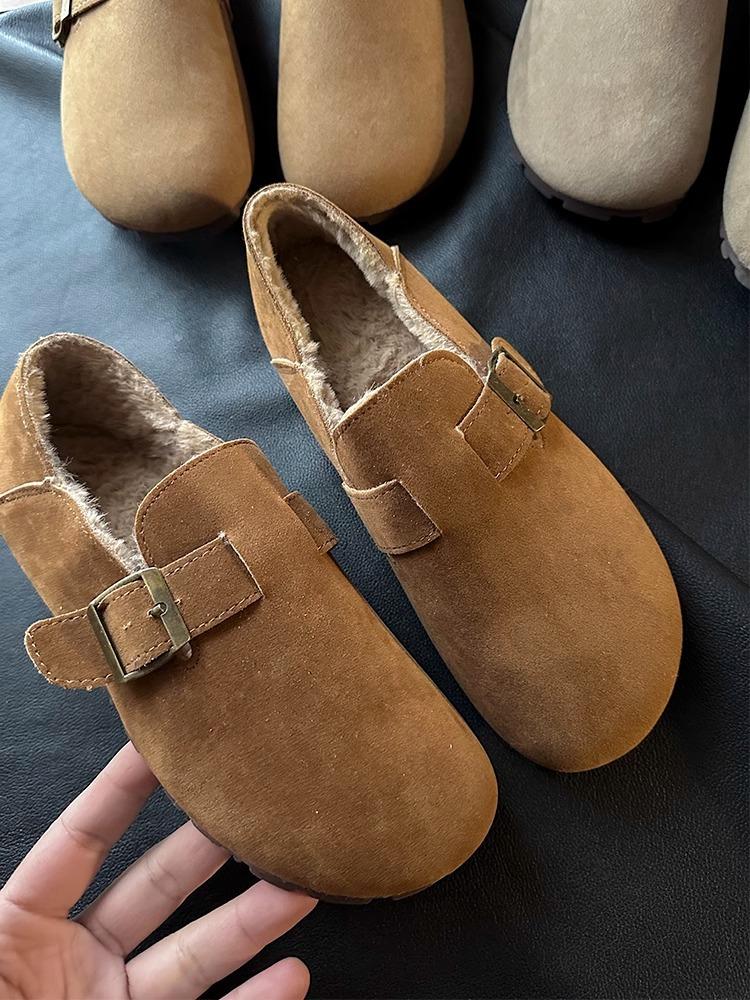 Birkenstock Shoes Women's 2025 New Winter Velvet All-inclusive Leather Spring and Autumn Single Shoes Flat-bottomed One-pedal Doudou Shoes Cotton Sho