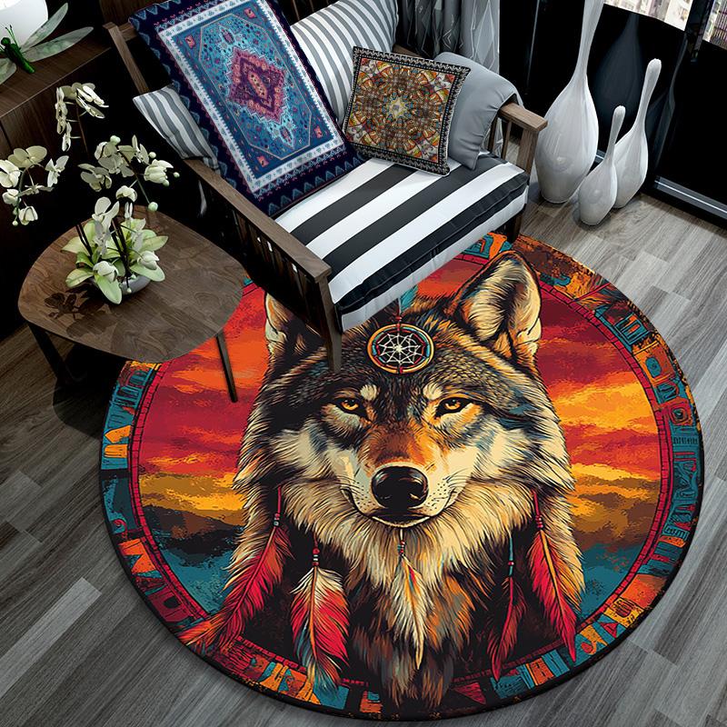 Wolfsgeist Runder Teppich, Teppich für Wohnzimmer Schlafzimmer Sofa Spielzimmer Dekor, Rutschfeste Bodenmatte