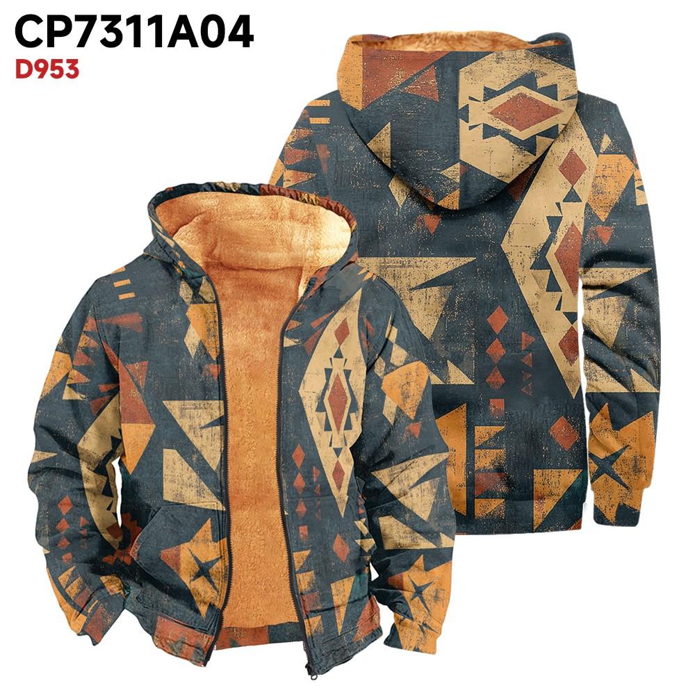 Men's Print Long Sleeve Pocket Coat Fashion Plus Velvet Overcoat