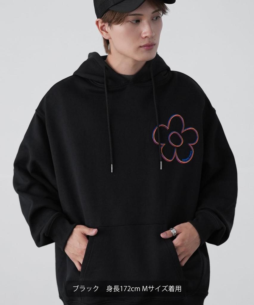 IMPROMES Hooded Sweatshirt [SIDEWAYSTANCE] Embroidered Flower Fleece Pullover Hoodie, Men's, Black