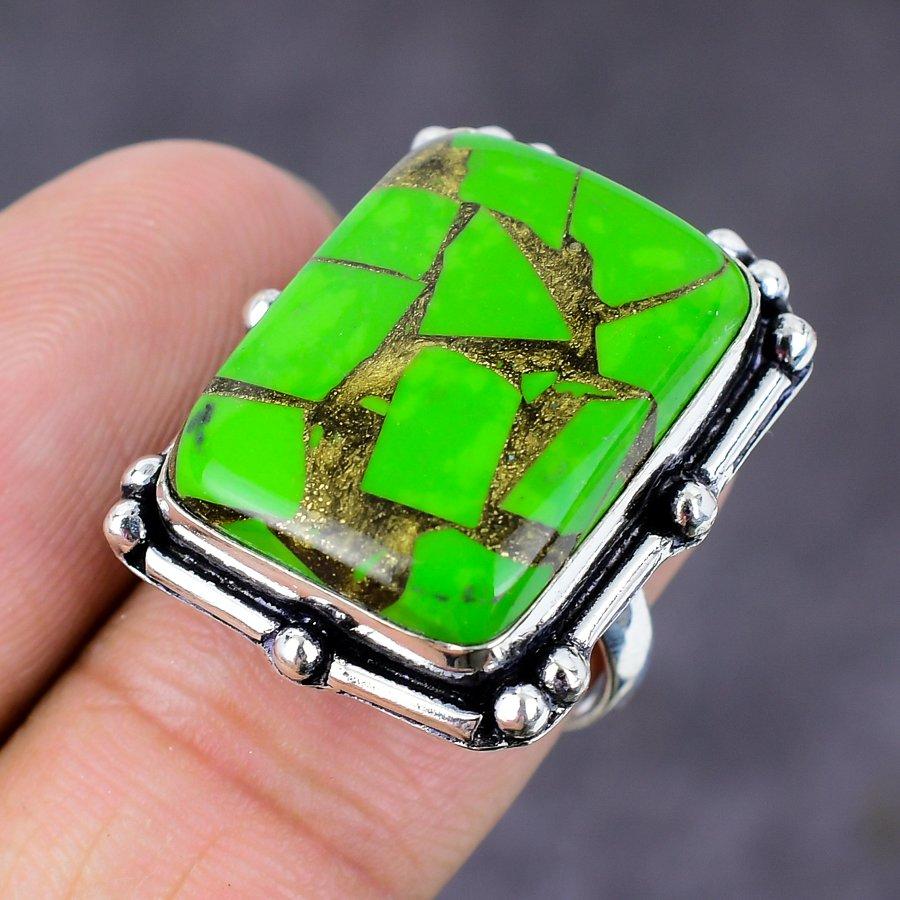 Copper Green Turquoise Gemstone 925 Sterling Silver Jewelry Ring Size 7