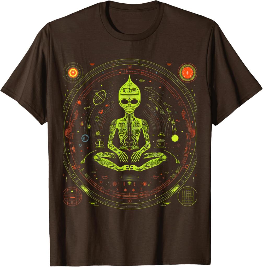 Alien Zen Meditation Graphic Tee Men's Breathable Cotton Casual Short Sleeve T-Shirt
