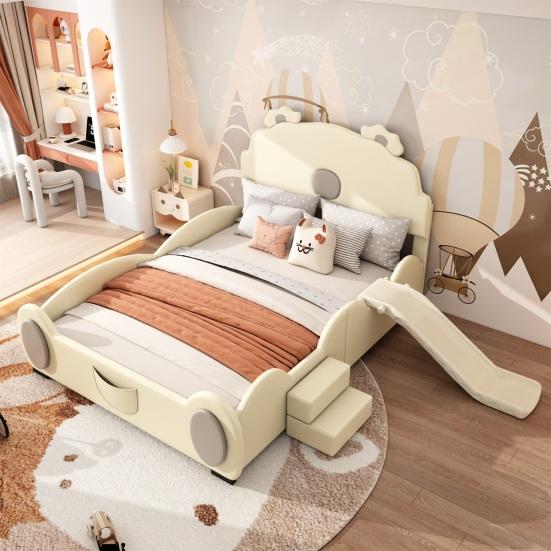 Bärform Cartoon Bett mit Rutschleiter Ergonomisches Design Starke Belastbarkeit Starke Holzlattenstütze Bett Schlafzimmermöbel