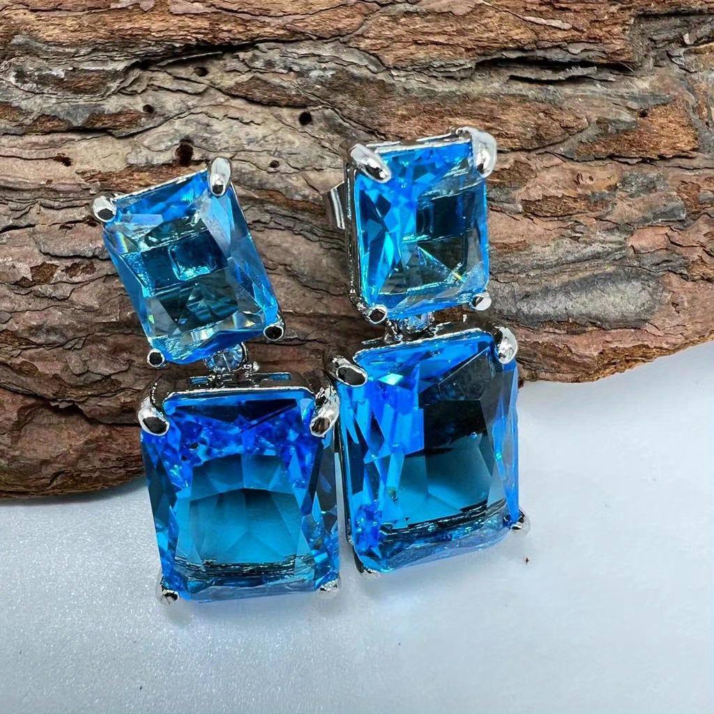 Luxuriöse Vintage Quadratische Blaue Zirkon Anhänger Ohrringe Für Damen Mode Raffiniert Boho Party Hochzeitsgeschenk Accessoires