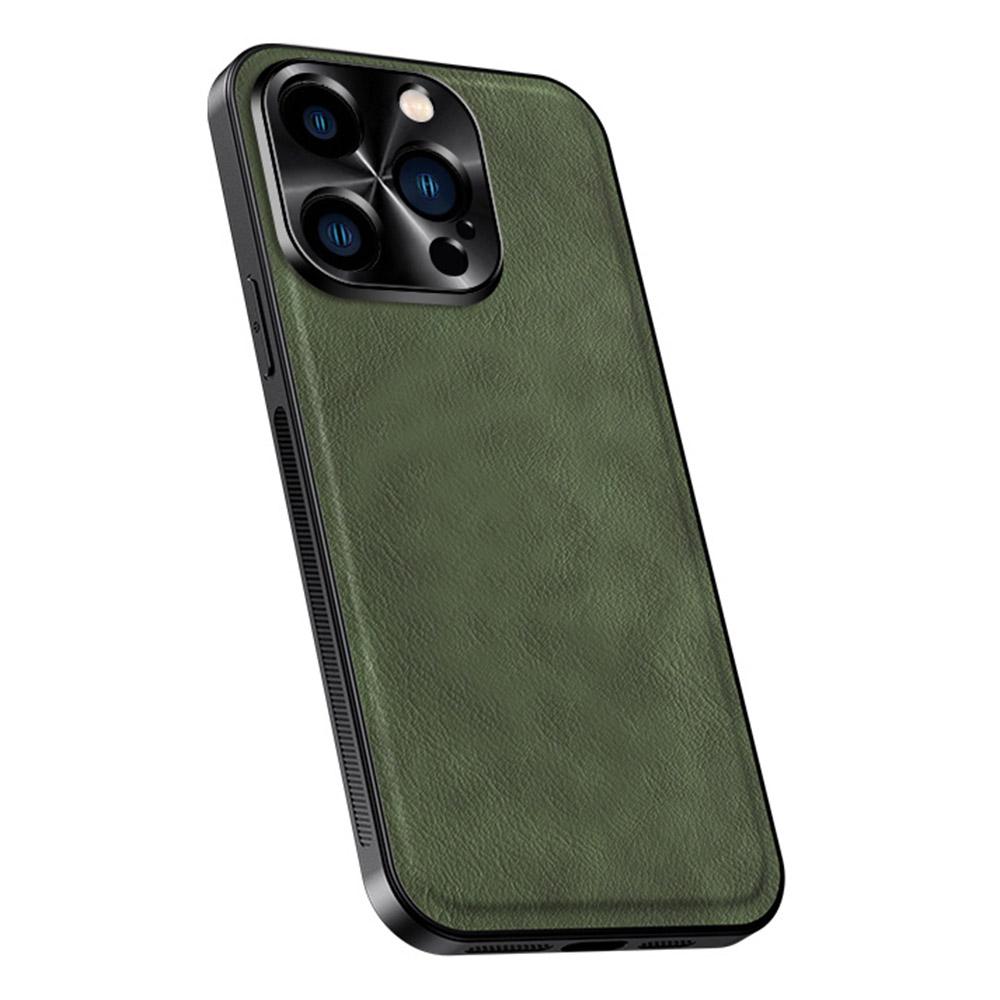 

For iPhone 15 Pro Max Case PU+TPU+PC Phone Back Cover with Metal Lens Frame Green