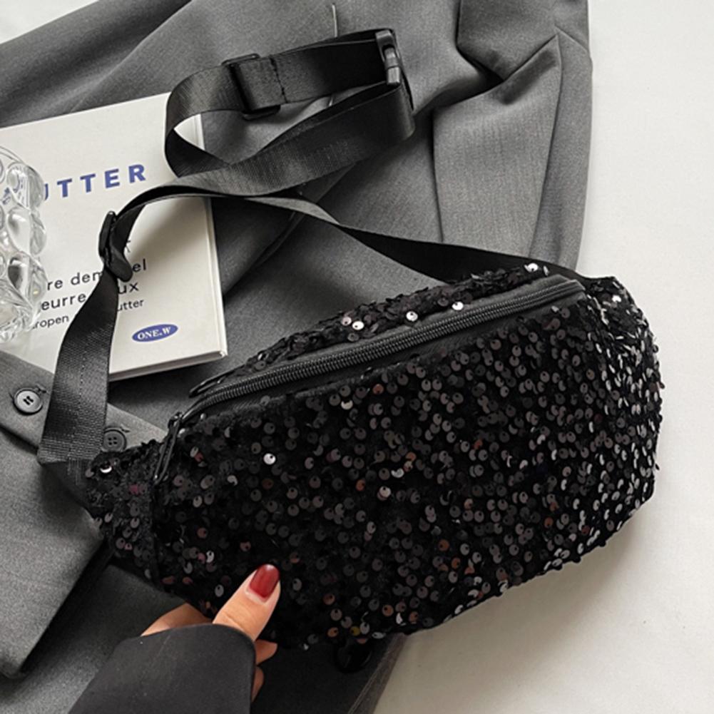 Women Trendy Crossbody Bag PU Leather Sequin Solid Shoulder Bag Adjustable Strap Shining Single Shoulder Bag