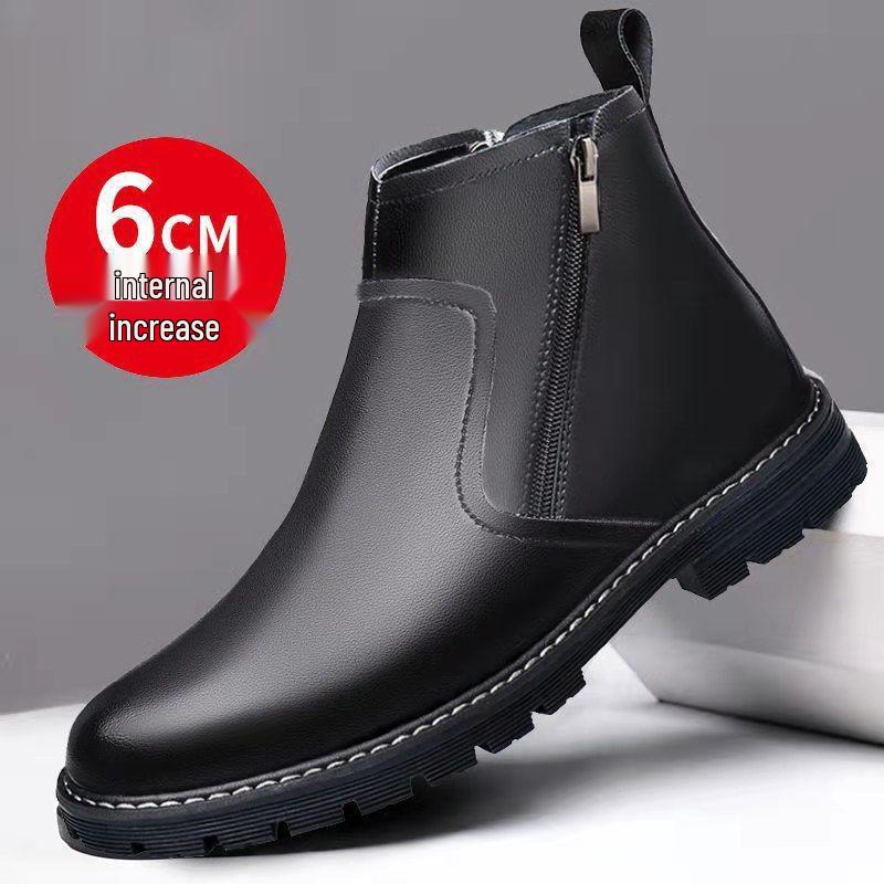 Men's High-Top Martin Boots: Soft Leather, Height-Boosting, Plus Velvet, Thickened Winter Cotton Shoes.