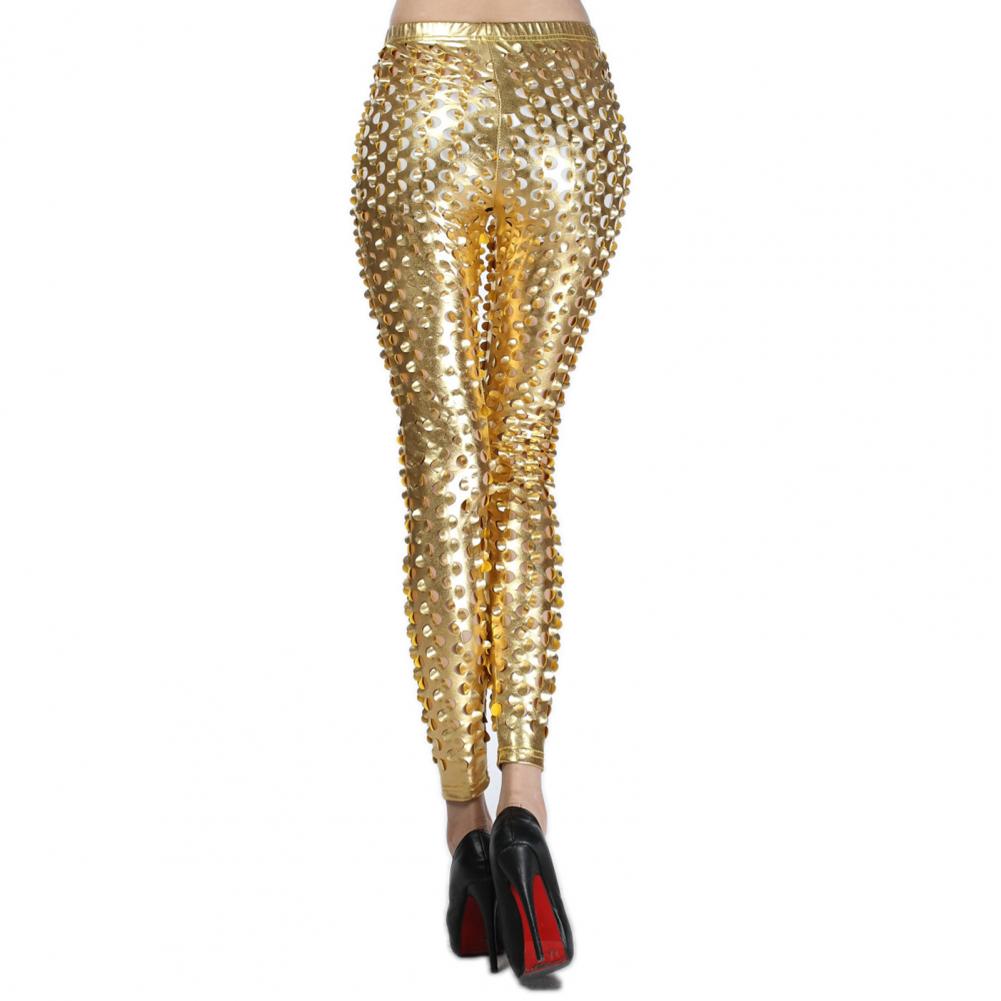 Frauen Skinny Pants Hohl Fischschuppen Shiny Metallic Einfarbig Elastische Taille Damen Rack Band Bühnen Performance Hose Disco