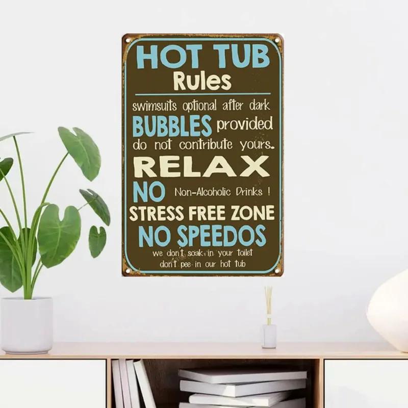 Metal Sign Hot Tub Rules Tin Sign Vintage Bar Home Bathroom Pool and Patio Decor Wall Decoration Tin Sign 12x8 Inches