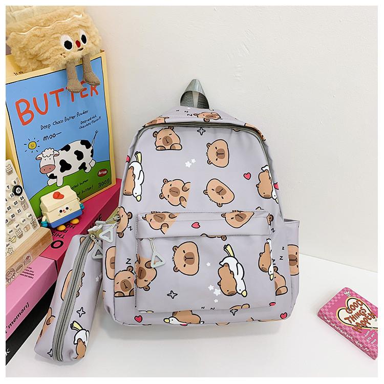 Dual Trendy Capybara Shoulder Backpack Featuring Pencil Holder For School Kids