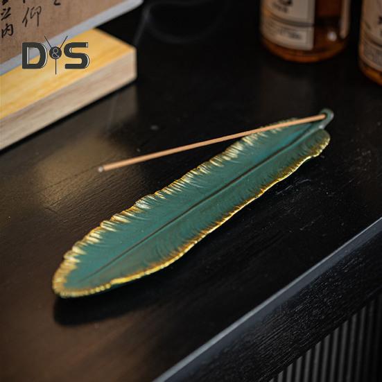 Keramik-Räucherstäbchenhalter, goldener Rand, Feder, chinesischer Stil, Vintage, eleganter Räuchergefäß, Aschefänger, Heimdekoration, Festival-Geschenk