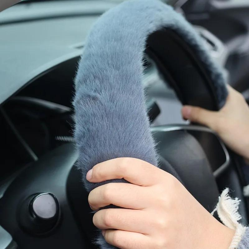 Car Plush Steering Wheel Cover No Inner Ring Winter Warm Soft Non-slip Steer Wheel Protector 37-39cm Steering Wheel Accessories