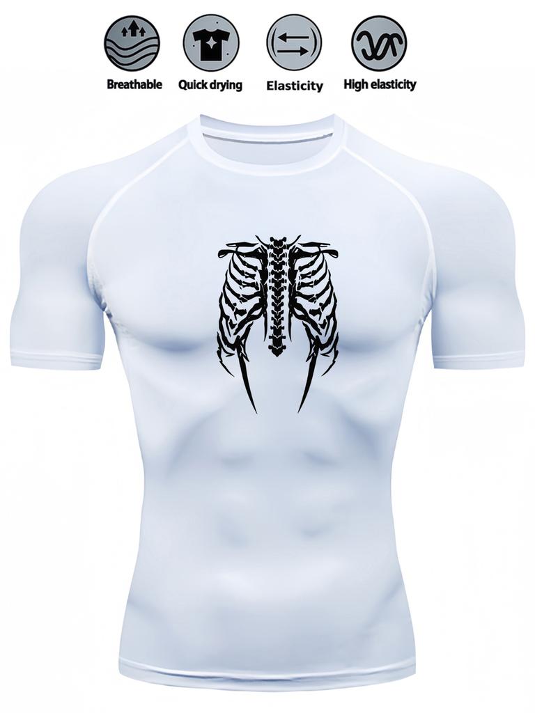 Men's Compression Shirt Quick Dry Gray Gym T-Shirt White Skeleton Rib Cage Print Workout Sportswear