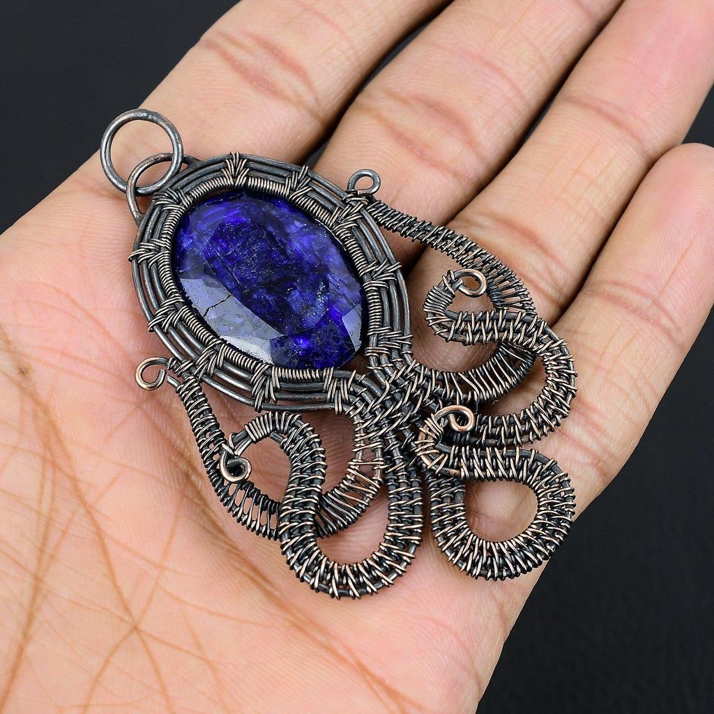 Blue Sapphire Pendant, Handmade Gemstone Pendant, 999 Copper Wire Wrapped Pendant Antique Jewelry, For Engagement Gift
