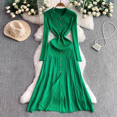 Women Dress Autumn Winter Vintage Turn-down Collar Long Sweater Dress Elegant Office Lady Dresses Chic Party Vestidos