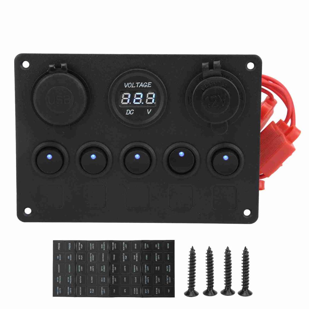 Panel de interruptores basculantes redondos de 12 y 24 V con 5 posiciones, doble puerto USB, cargador de coche, protección contra sobrecalentamiento y uso en barcos.