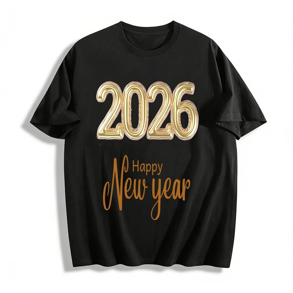 

2026 Happy New Year Gold Print Casual Loose Fit Party Top Pure cotton T-shirt XXS