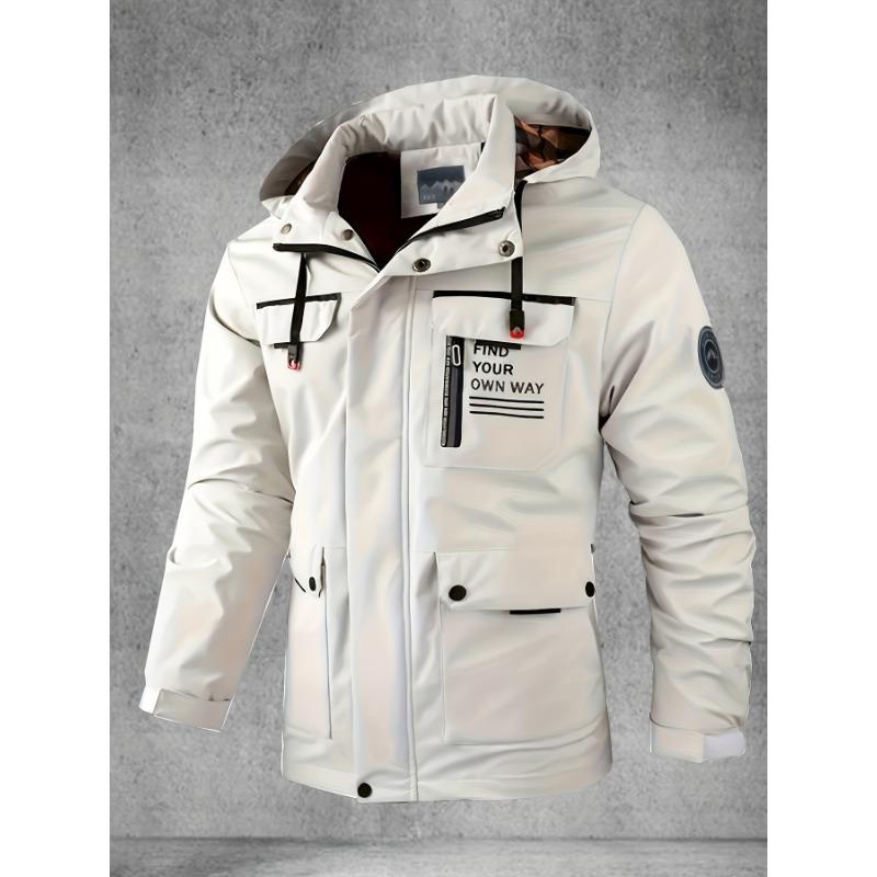 Men's Softshell Jacket, Spring and Autumn Multi-Pocket Hooded Jacket, Waterproof and Windproof Outdoor Jacket for Hiking and Camping