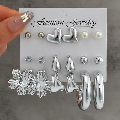 18pcs Bohemian Heart Floral Earring Sets for Women Silver Color Faux Pearl Zircon Geometric C Shape Earrings Daily Wear Jewelry