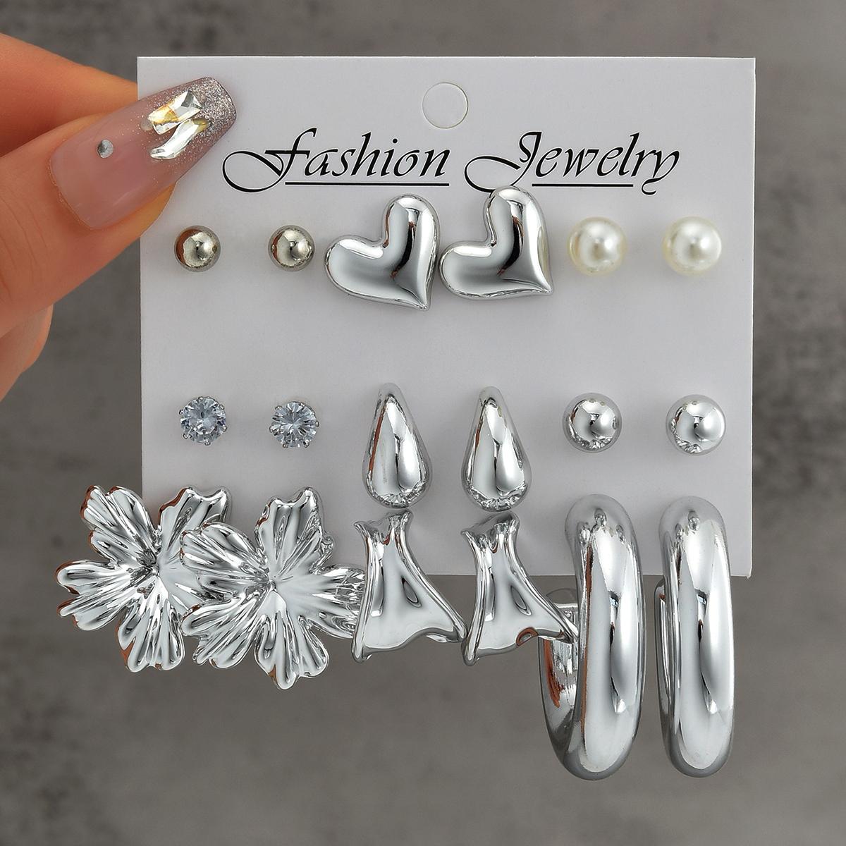 

18pcs Bohemian Heart Floral Earring Sets for Women Silver Color Faux Pearl Zircon Geometric C Shape Earrings Daily Wear Jewelry