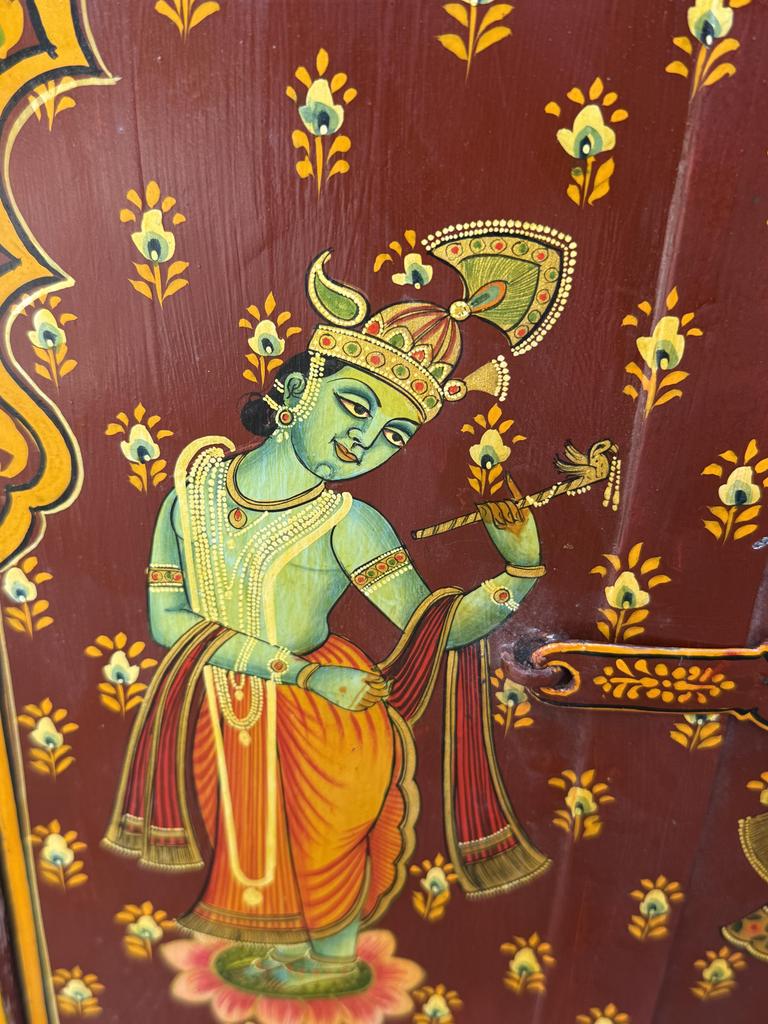 Old Hand Painted Radha Krishna Wooden Window Panel – Rustic Indian Temple Art Decor