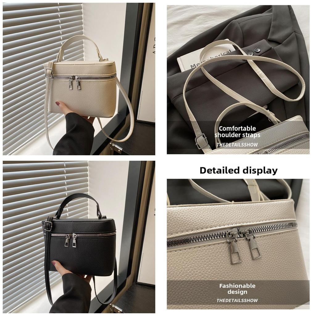 Solid Color Lychee Texture Embossed Shoulder Square Bag With Zipper Closure For Daily Use