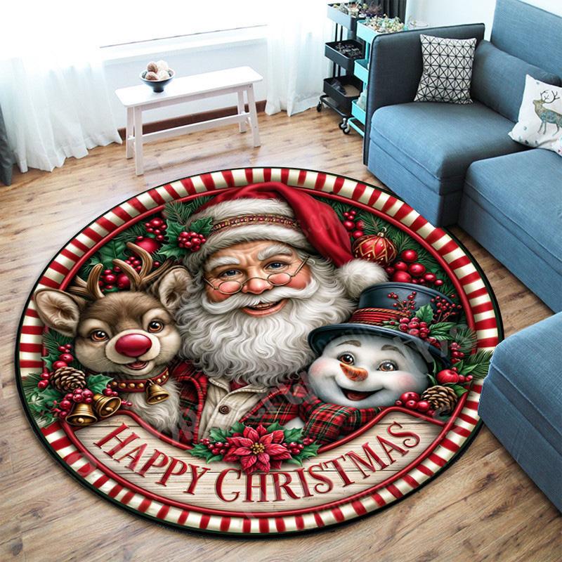 Cute Christmas Day Gift Bell Santa Claus Snowman Christmas Tree round rug Home Soft Decorative Anti slip Chair Mat Carpet Outdoor Floor Mat Carpet 52