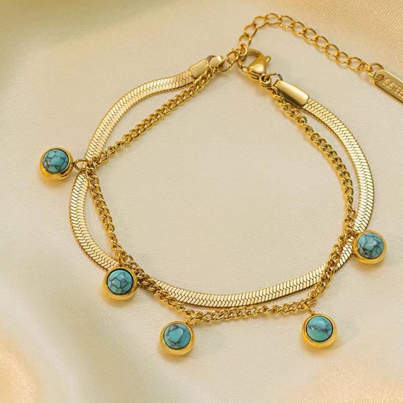 Gold Plated Stainless Steel Double Layer Snake Curb Chain Bracelet with Turquoise Charms золотой