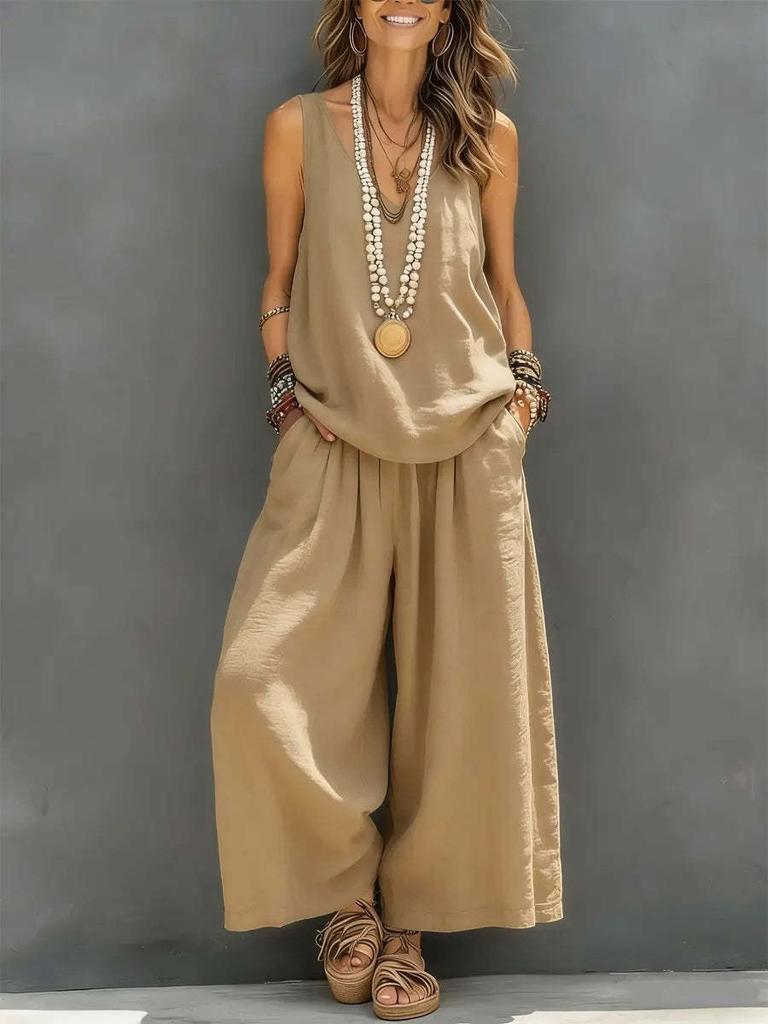 1116 European and American solid color casual sleeveless vest and wide-leg pants cotton and linen women's suit