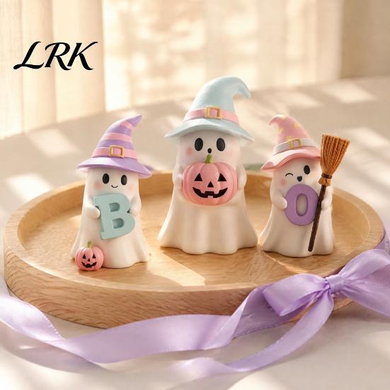 Decorative Figurines for Halloween 3Pcs Pink Ghost Figurines, Cute Spooky Resin Desk Decor with Pumpkin Tiered Tray BOO Letter, Sweet Tabletop
