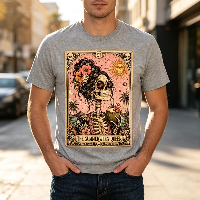 Vintage Summer Lover T Shirt Skull Queen Tarot Vintage Art Print Soft Cotton Crew Neck Unisex Top Oversized Tee Harajuku Y2k