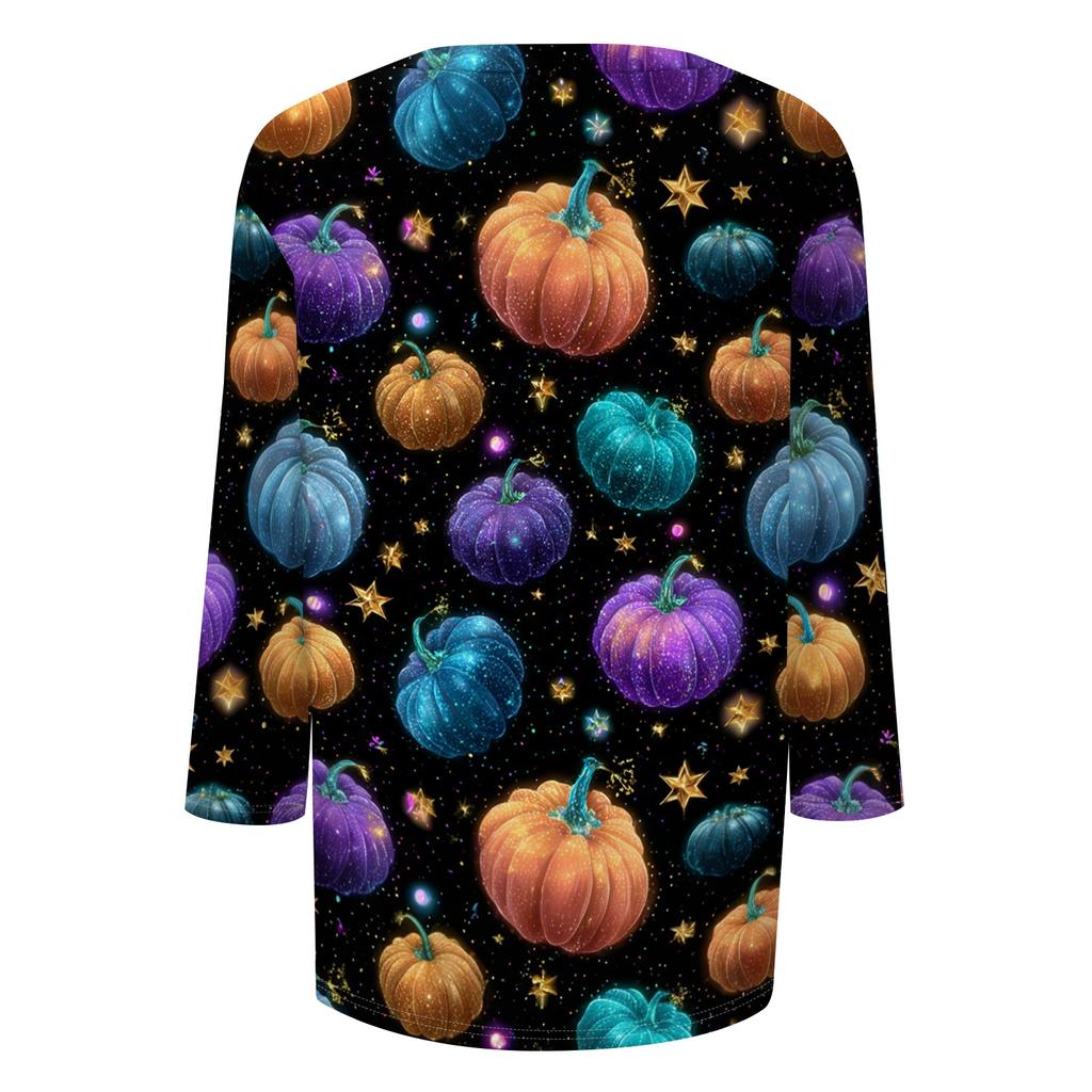 Women's Halloween Print Shirt 3/4 Sleeve Round Neck Loose Fit Casual Blouse Top Comfortable Everyday Wear