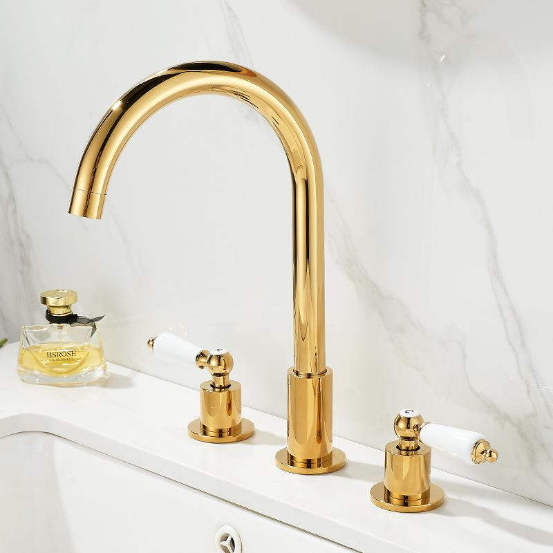 Tuqiu Gold Bathroom Faucet Brass Widespread Basin Faucet Brass Sink Faucet 3 Hole Double Handle Hot & Cold Wash Faucet Water Tap